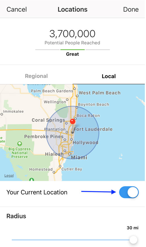 For locations, you have two main options: Regional and Local.