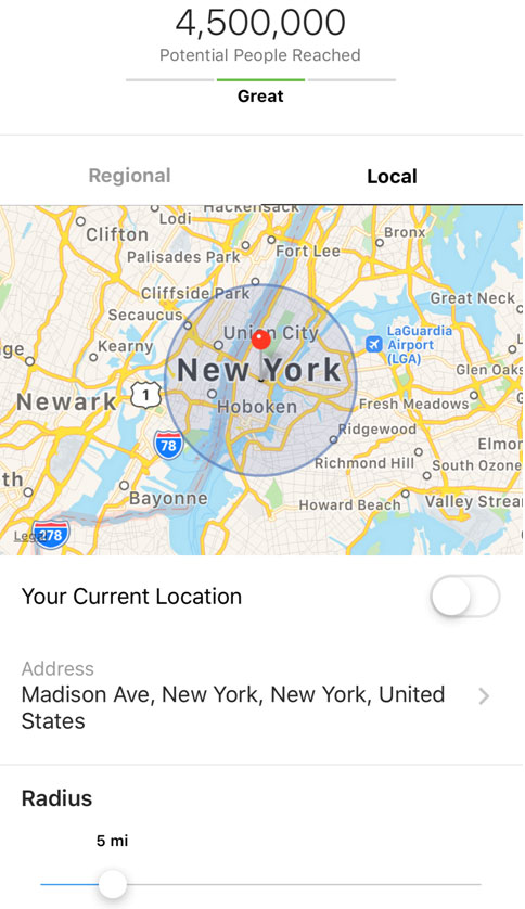 For example, if we wanted to target Manhattan, we could simply input a high traffic area such as Madison Avenue, slide the radius scale to determine the most appropriate geographic area we want to target in New York City and select Done.