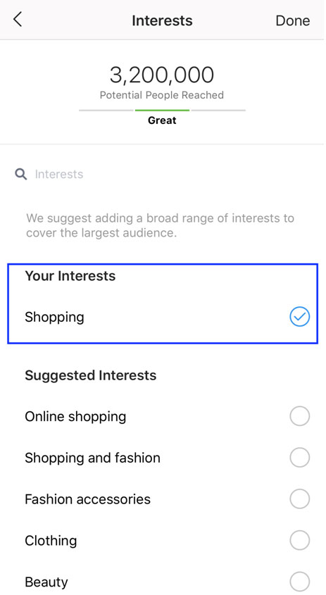 Once you’re done with selecting your geographic location, you can begin inputting which interest categories you want to target.