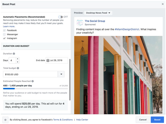 The last two steps are to determine the placement of your ad. Leaving this option on the default Automatic Placement will serve the ads on Facebook, Instagram and Facebook Messenger (depending on the type of post).