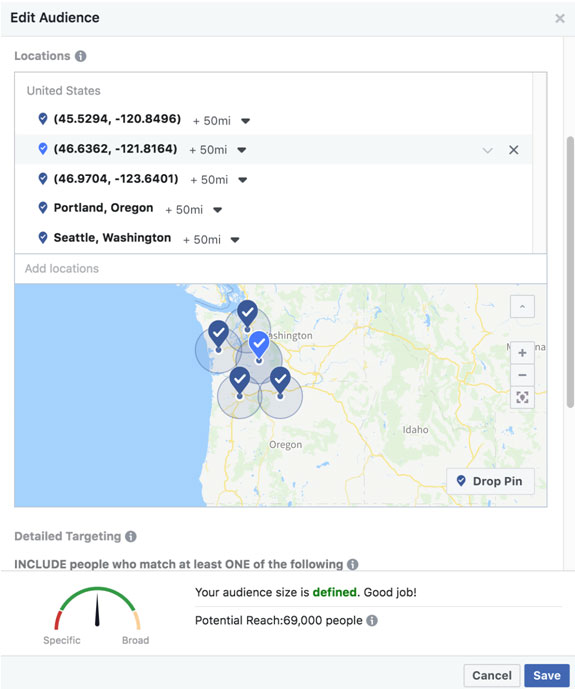 Be sure to look at how your audience size is defined. If it’s too narrow, consider adding more interests or expanding the location of where your ad will be served.