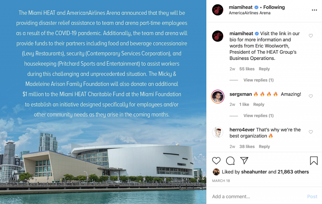 The Miami Heat are a strong example of a brand finding a balance between maintaining revenue and the need to carry on as a business while being sensitive to the community and current health crisis. The Miami Heat are a strong example of a brand finding a balance between maintaining revenue and the need to carry on as a business while being sensitive to the community and current health crisis.