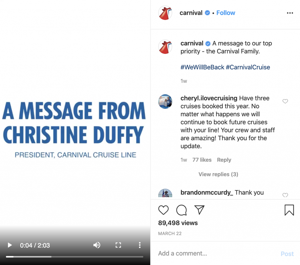 Carnival Cruise Lines, one of the most impacted brands during the COVID-19 pandemic, published a simple, straight-to-the-point video from Christine Duffy, President of Carnival Cruise Line Carnival Cruise Lines, one of the most impacted brands during the COVID-19 pandemic, published a simple, straight-to-the-point video from Christine Duffy, President of Carnival Cruise Line