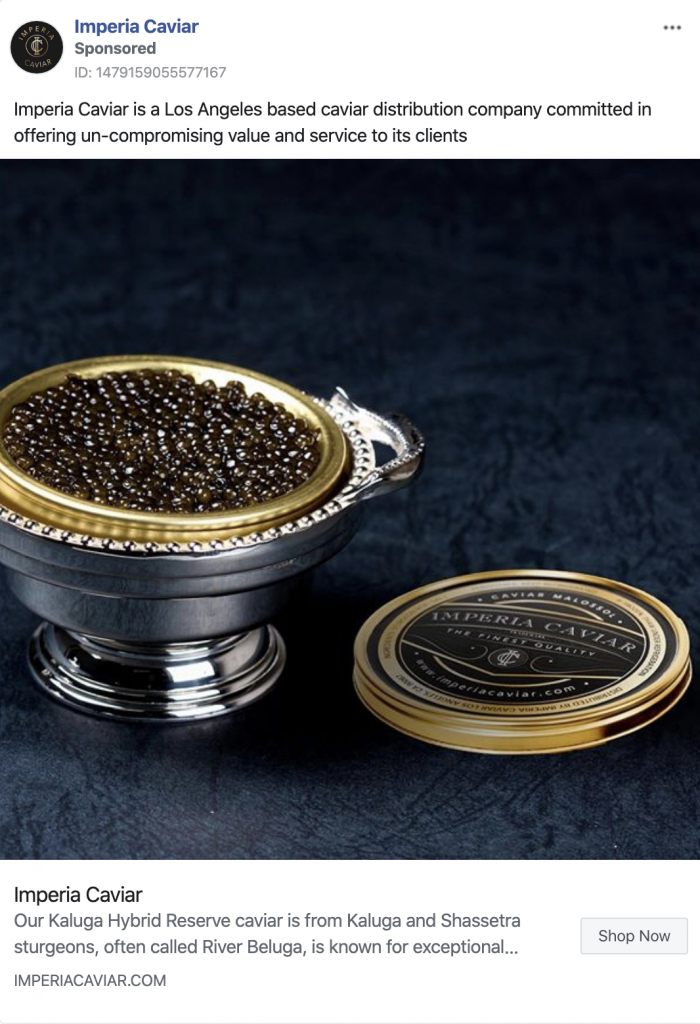 Caviar brand promoting the sale of expensive caviar ranging from $169 to over $1,300 Caviar brand promoting the sale of expensive caviar ranging from $169 to over $1,300